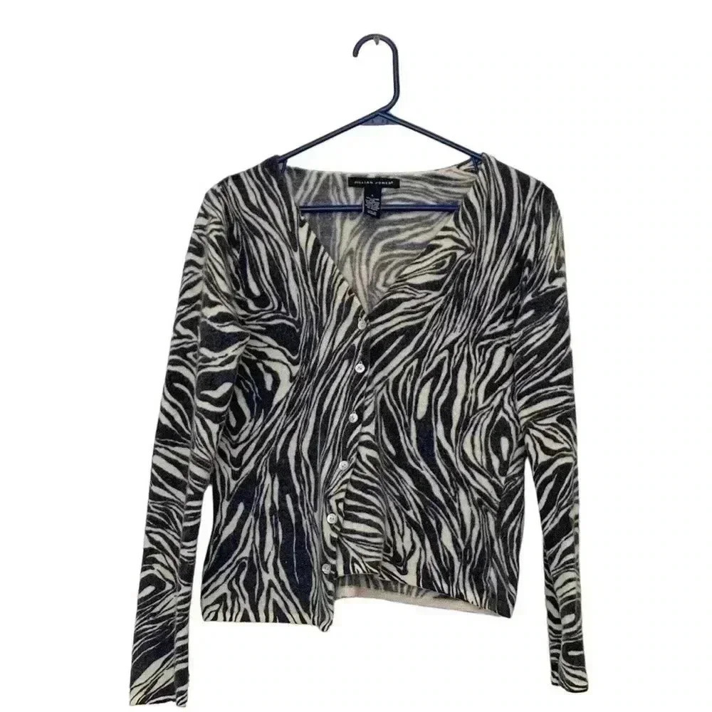Jillian Jones  asymmetrical cardigan, 70% wool/20% rabbit, white/gray pattern
